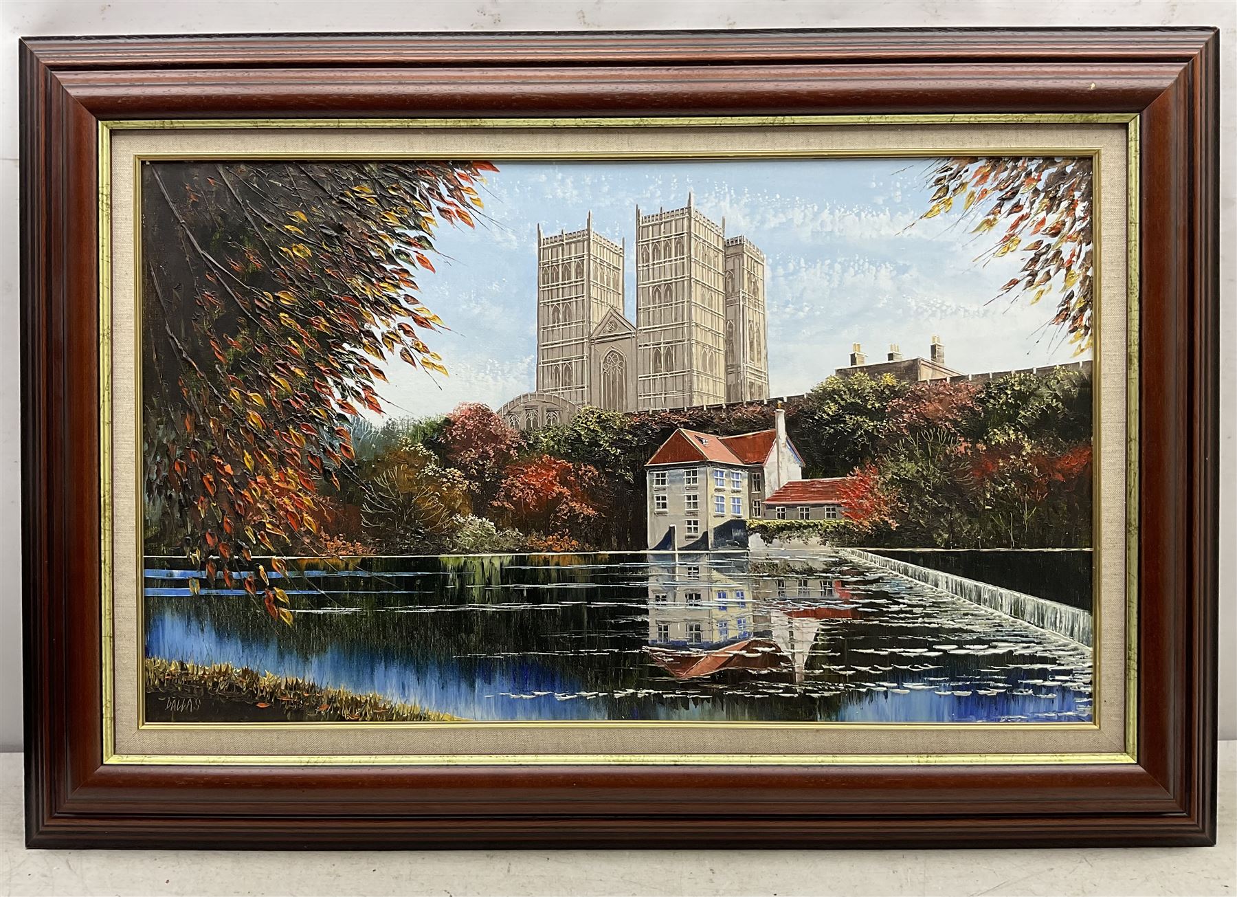 Dallas K Taylor (British 1941-2011): Durham Cathedral from the River, oil on canvas board signed 45cm x 76cm 