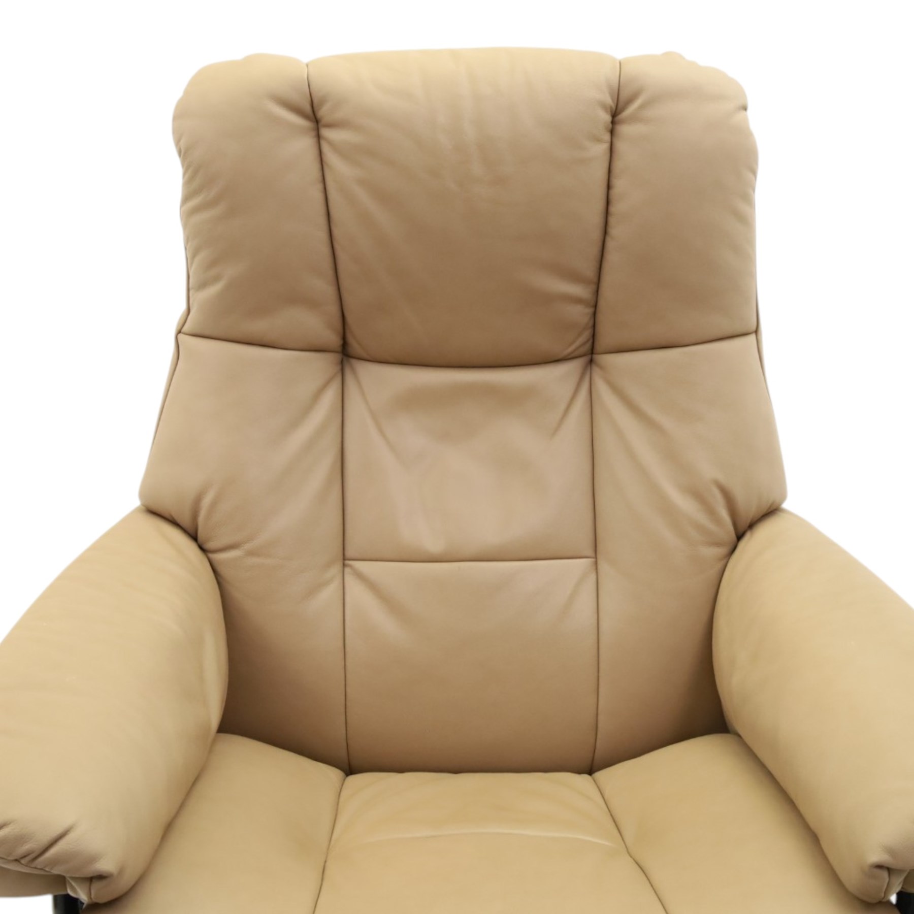 Ekornes Stressless - beech framed reclining swivel armchair with matching footstool, on U-shaped supports with circular bases, upholstered in beige leather