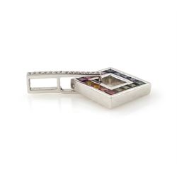 9ct white gold rainbow sapphire and diamond square pendant, channel set with sixteen square cut fancy coloured sapphires, to a round brilliant cut diamond bail, hallmarked