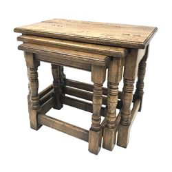 Traditional distressed light oak rectangular nest of three tables, turned legs, W59cm, D33cm, H47cm