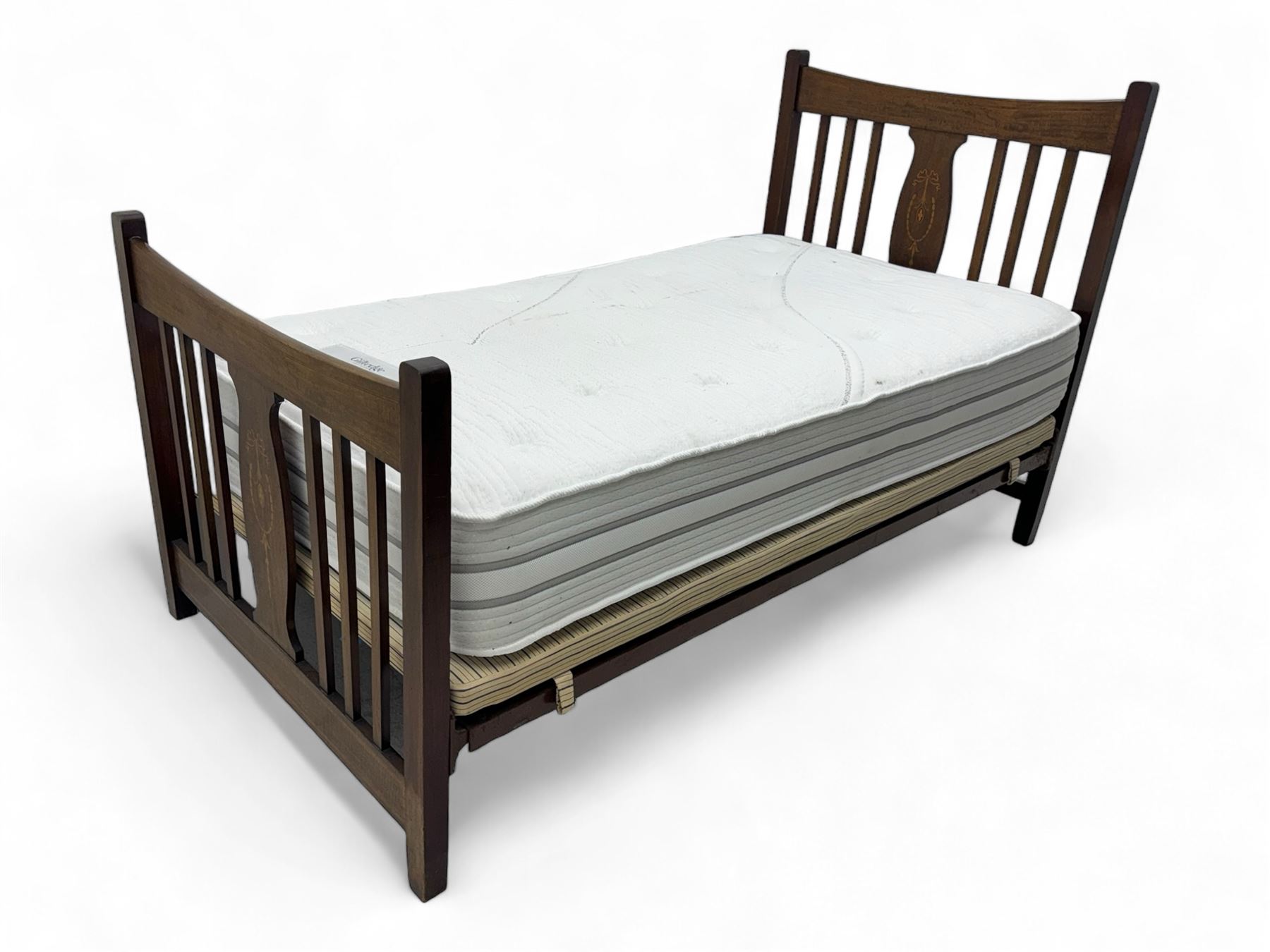 Edwardian inlaid mahogany 3' single bedstead, with headboard, footboard, wooden base and metal side supports; Giltedge 'Astrid 3000' pocket sprung mattress (L190cm, W104cm, D27cm)