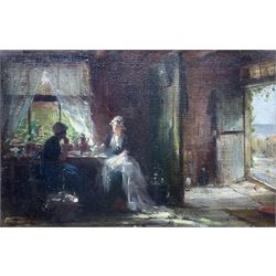Edward Antoon Portielje (Belgian 1861-1949): Ladies Having Tea, oil on canvas board signed 16cm x 24cm 
Provenance: private collection, purchased James Alder Fine Art, Hexham; with Campo & Campo Antwerp 1st December 1998 Lot 239, label verso