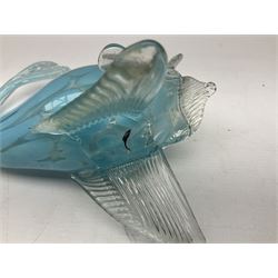 Pair of Shelley blue spray pattern teacups and saucers, together with a  blue ribbed Shelley water jug, jug H20.5cm, together with two Murano stylised glass fish, each raised upon two clear fins, together with paperweight modelled as fish in a bag