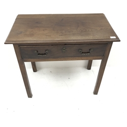 19th century mahogany side table, moulded top, single cockbeaded drawer, square supports, W85cm, H72cm, D47cm