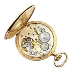 Early 20th century Swiss 9ct gold open face, keyless slimline pocket watch, Poinçon de Maître hammer head, No.115, blue Arabic numerals and subsidiary seconds dial, engine turned sunburst back case with cartouche, London import marks 1926