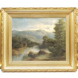 Hans Wagner (Continental 20th century): Fishing in a Mountainous Lake Landscape, oil on canvas signed 49cm x 100cm; Continental School (Early 20th century): Mountain Landscape, oil on canvas indistinctly signed 45cm x 56cm (a/f) in heavy gilt frame (2)