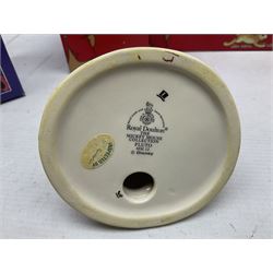 Royal Doulton The Mickey Mouse Collection Pluto figure, Coalport Characters The Snowman Dressing Up figure, three Royal Doulton Bunnykins figures comprising Policeman, Morris Danger and Eskimo, and display stand, Royal Doulton John Beswick Tiggy Winkle, Royal Albert Beatrix Potter Peter Postbag and three Goebel Hummel figures, all boxed