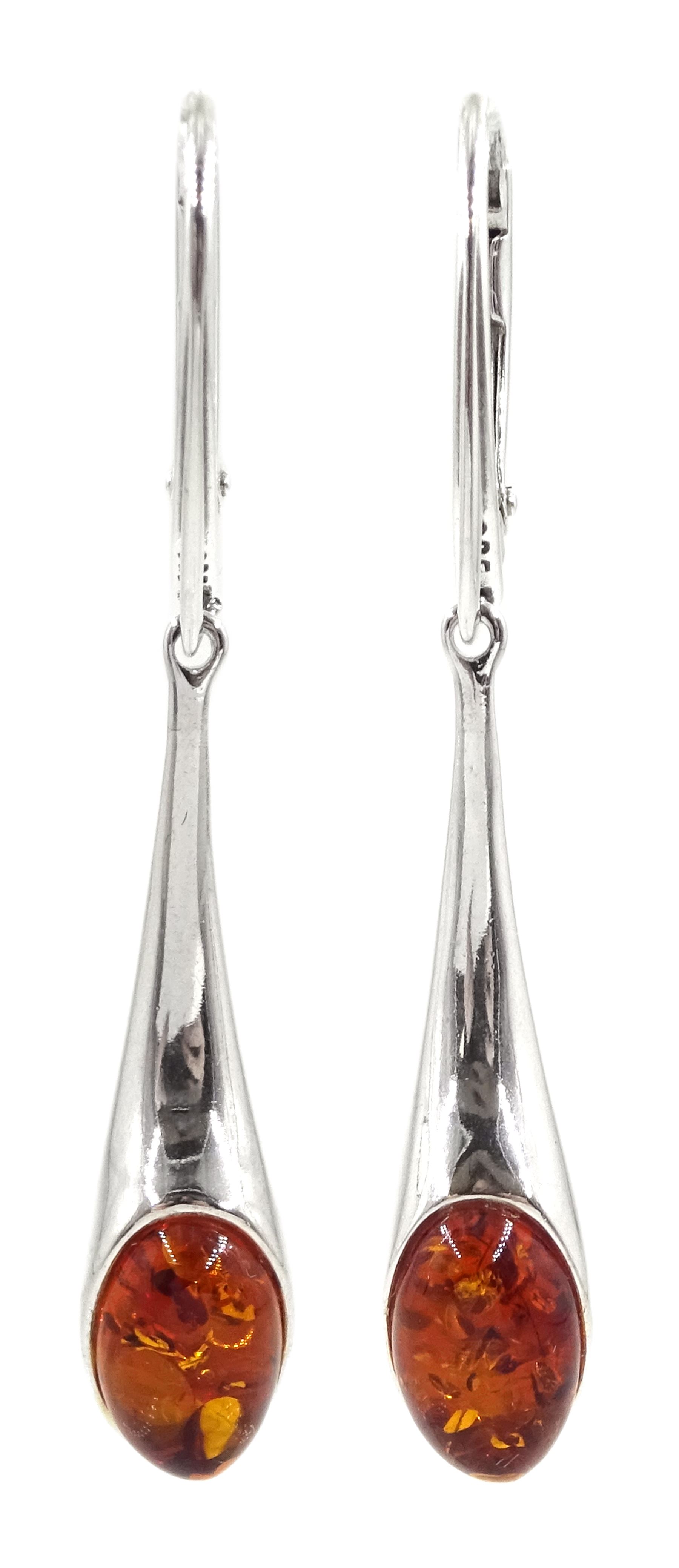 Pair of silver amber pendant earrings, stamped 925
