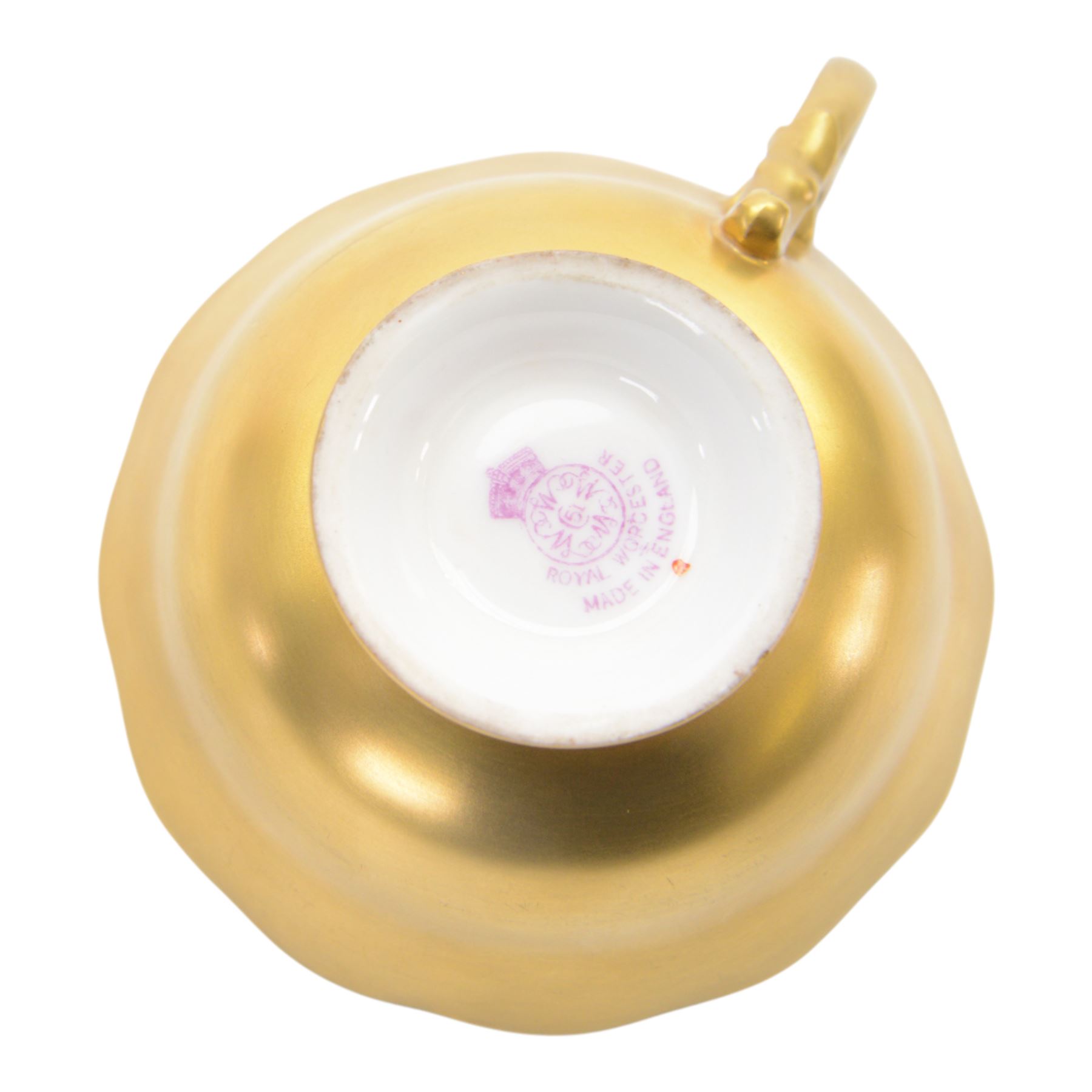 Royal Worcester fruit painted cabinet scallop edge teacup and saucer,  interior hand painted with apples and berries upon a mossy ground, the cup exterior and centre of saucer gilded, cup signed W. Bee and saucer signed H. Ayrton, each with puce coloured printed marks beneath, H8cm