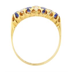 19th / early 20th century 18ct gold diamond and sapphire ring, three rows of old cut diamonds, each spaced by round cut sapphires, total diamond weight approx 0.50 carat