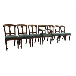 Harlequin set seven 19th century mahogany dining chairs, drop-in teal upholstered seat raised on turned supports