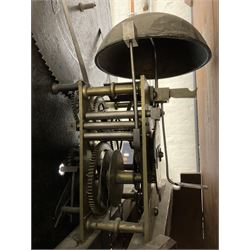 Ralph Weston (III) of Wolsingham (Co Durham)  -  Mahogany cased 30-hour Longcase clock, broken arch pediment with brass paterie and two ball and spire finials, break arch hood door flanked by reeded pilasters with brass capitals, trunk with canted corners and long flat topped door, rectangular plinth raised on bracket feet, painted dial with depictions of the four seasons to the spandrels and a working moon disc to the arch, with Roman numerals, dummy winding arbors, dummy seconds dial, calendar dial and steel hands, Dial pinned directly to a countwheel striking chain driven movement, with weight and pendulum.  
The Weston family of County Durham clockmakers were highly prolific family of North-Eastern clockmakers during the 18th and 19th century, Well known for producing many Thirty-Hour clocks with 