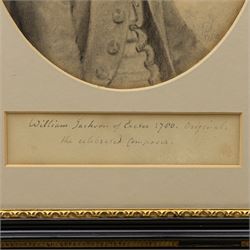 John Downman (British 1750-1824): 'Portrait of William Jackson Esquire of Exeter - The Celebrated Composer', oval watercolour signed with initials and dated 1780, inscribed below with label verso 20cm x 16.5cm
Provenance: Presented by Her Royal Highness Princess Louise Duchess of Argyll