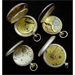 Four 19th/early 20th century silver lever pocket watches, one by Waltham, white enamel dials with Roman numerals and subsidereary seconds dials, hallmarked cases