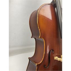 Two student half-size cellos - Boosey & Hawkes Artia with 65cm one-piece back and spruce top; bears maker's label; L104cm overall; and Romanian with 65.5cm two-piece maple back and ribs and spruce top; bears label; L108.5cm overall; each in soft carrying case with two bows (2)