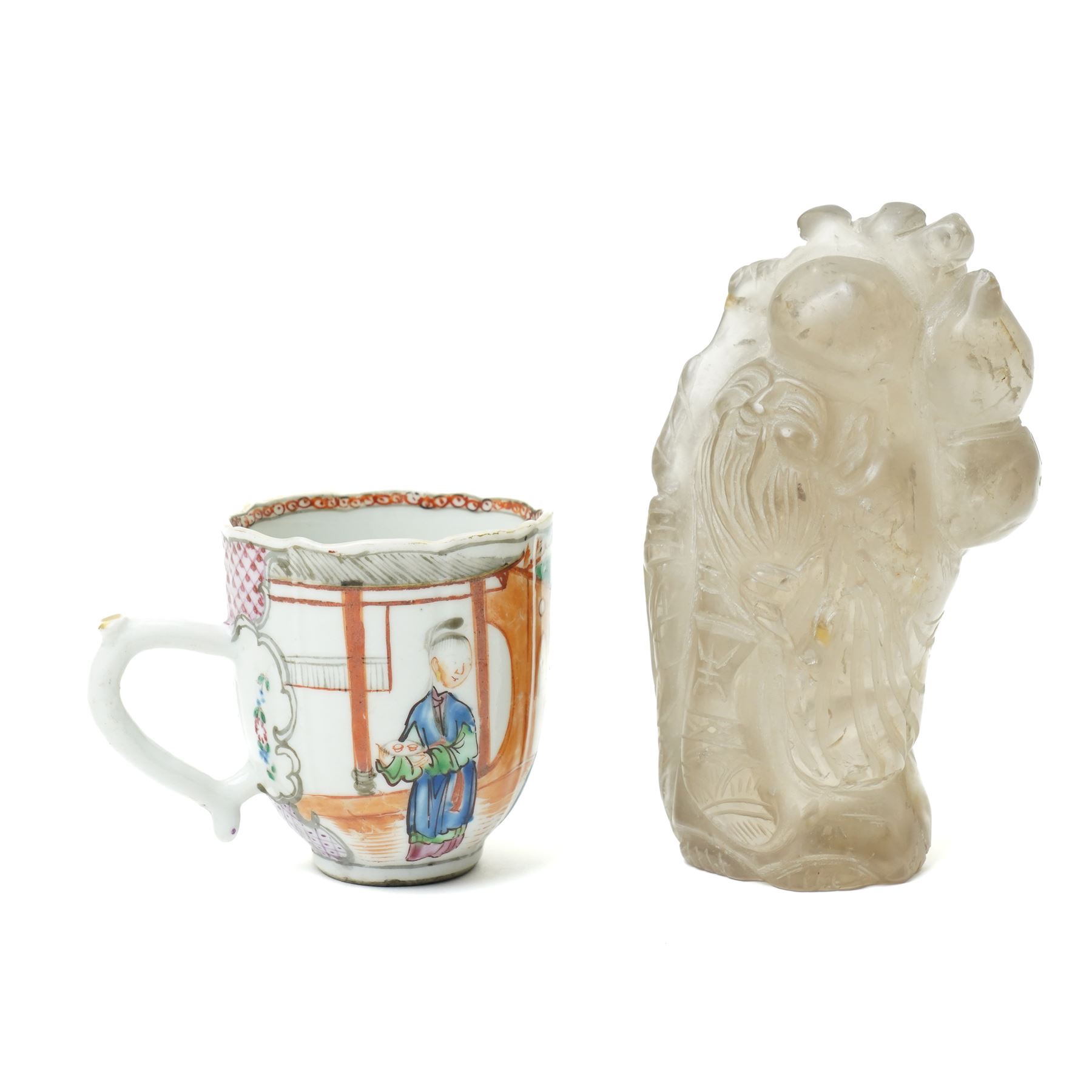 Chinese rock crystal figure of a deity with peaches, H12cm, a Japanese Shunga erotically carved seal, H7cm, an erotically painted Chinese scent bottle, H8cm, Japanese satsuma vase, H16cm and a Chinese famille vert teacup, H6.5cm(5)