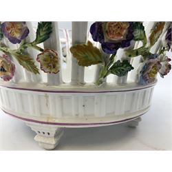 Early 20th century Dresden floral encrusted pierced bowl, centrally painted with flowers, on four tapering supports, D30cm 