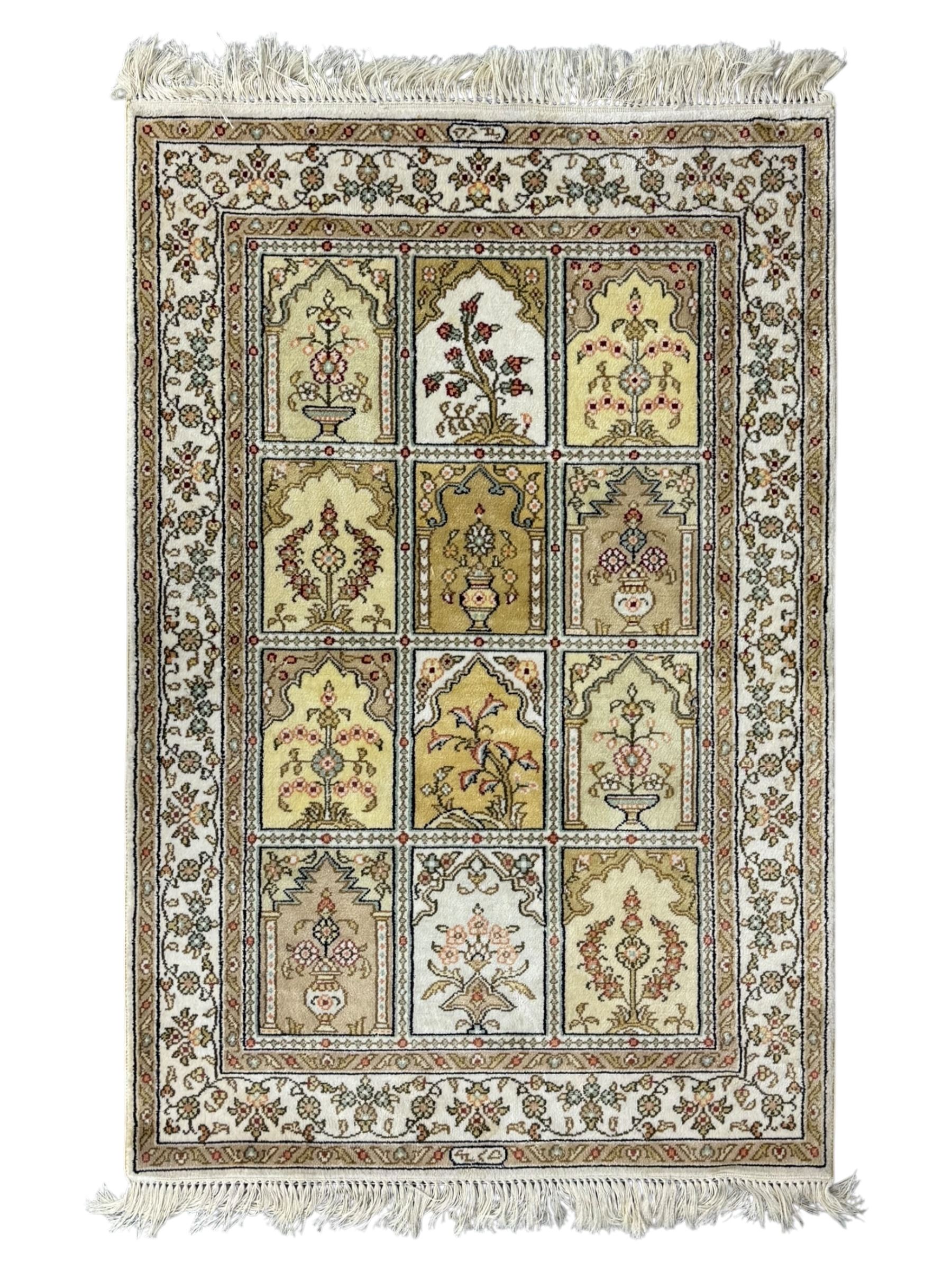 Finely knotted silk on silk ivory ground runner (L185cm,  W76cm), overall floral design together with a prayer rug (L94cm, W63cm)