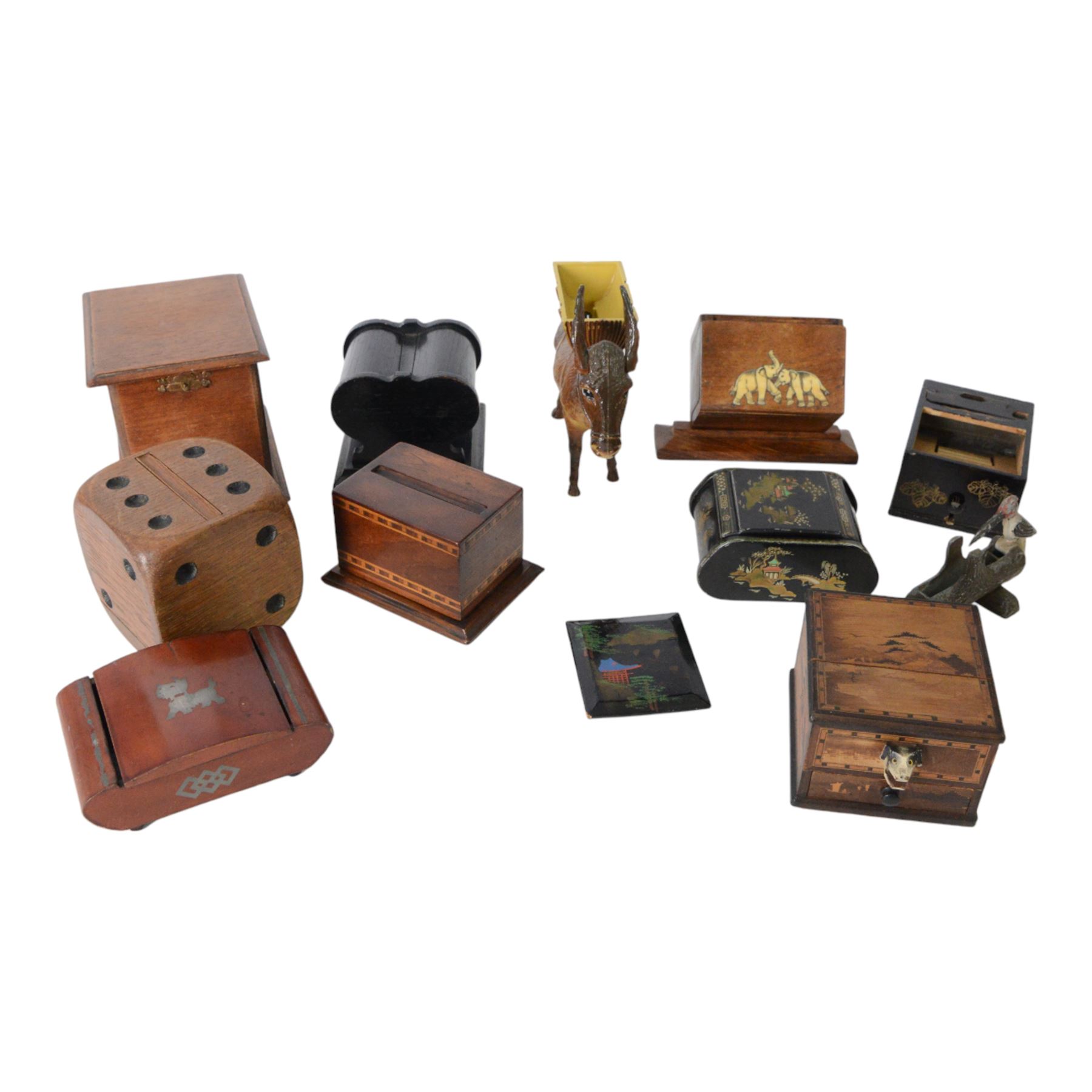 Collection of early 20th century and later novelty cigarette dispensers, including Japanese marquetry example, Players Navy Cut box, dice design etc  