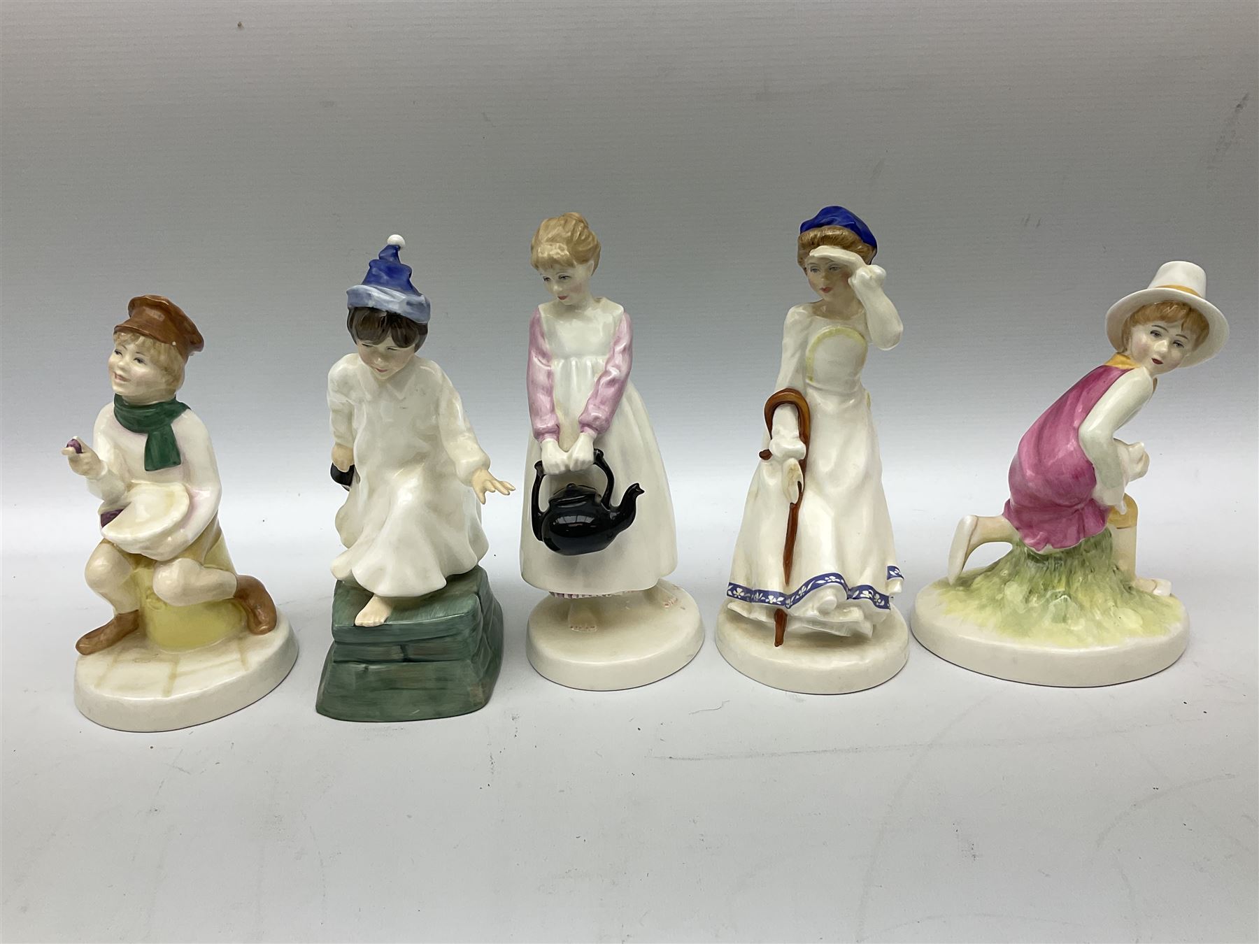 Seven Royal Doulton figures from the Nursery Rhymes Collection comprising, Tom Tom, the piper's son HN3032, Little Jack Horner HN3034, Wee Willie Winkie HN3031, Polly, put the kettle on HN3021, Little Bo-peep HN3030, Little Boy Blue HN3035, Little Miss Muffet HN2727, together with two Royal Doulton Mary had a little lamb figures HN2048 and COPR1948, all with printed marks beneath  
