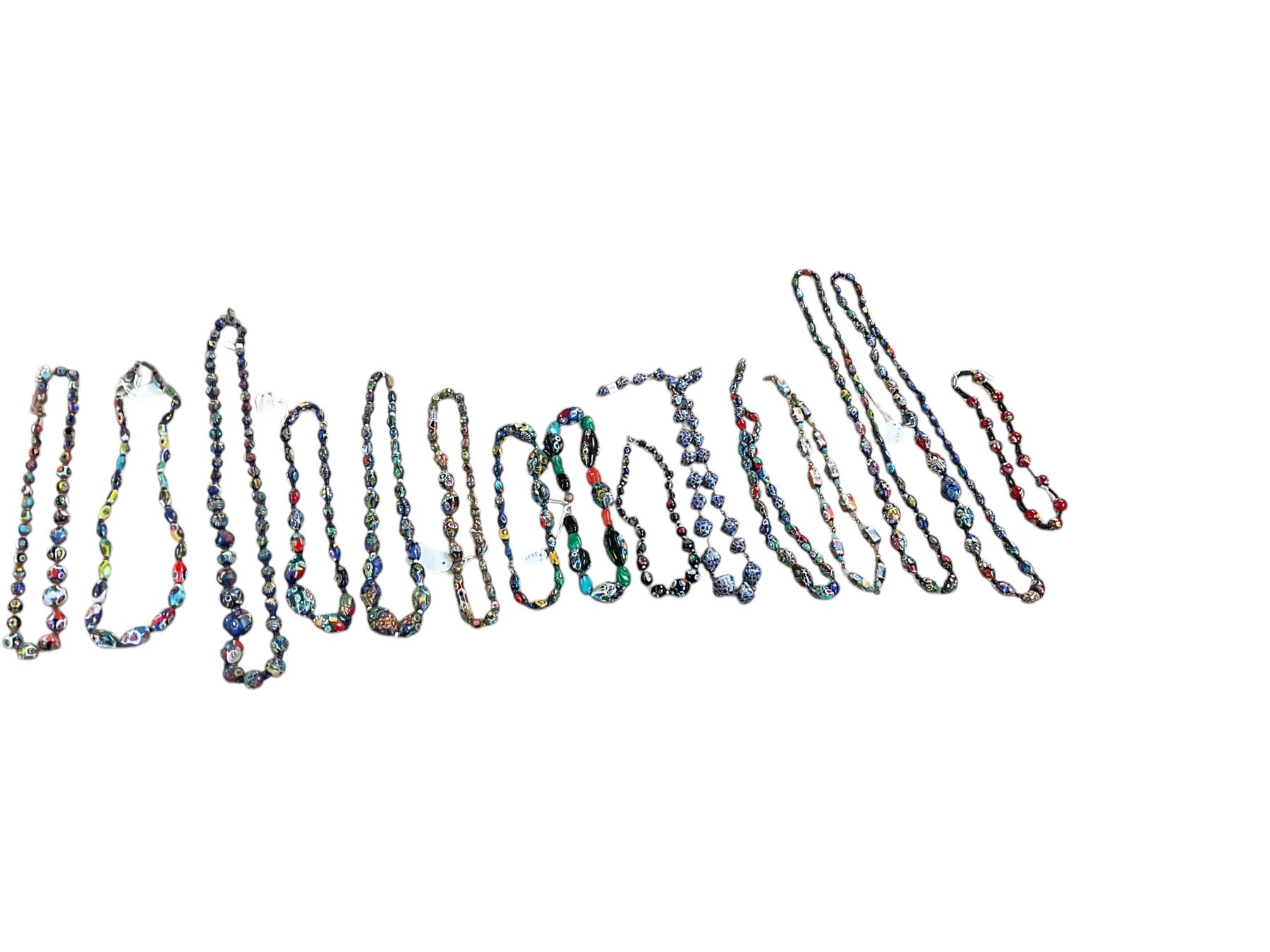 Fifteen millefiori beaded necklaces, including glass and clay examples 