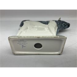 Six Rye Pottery figures, comprising, jumping fox, squirrel upon a branch, billy goat, bull, chicken and cockerel  