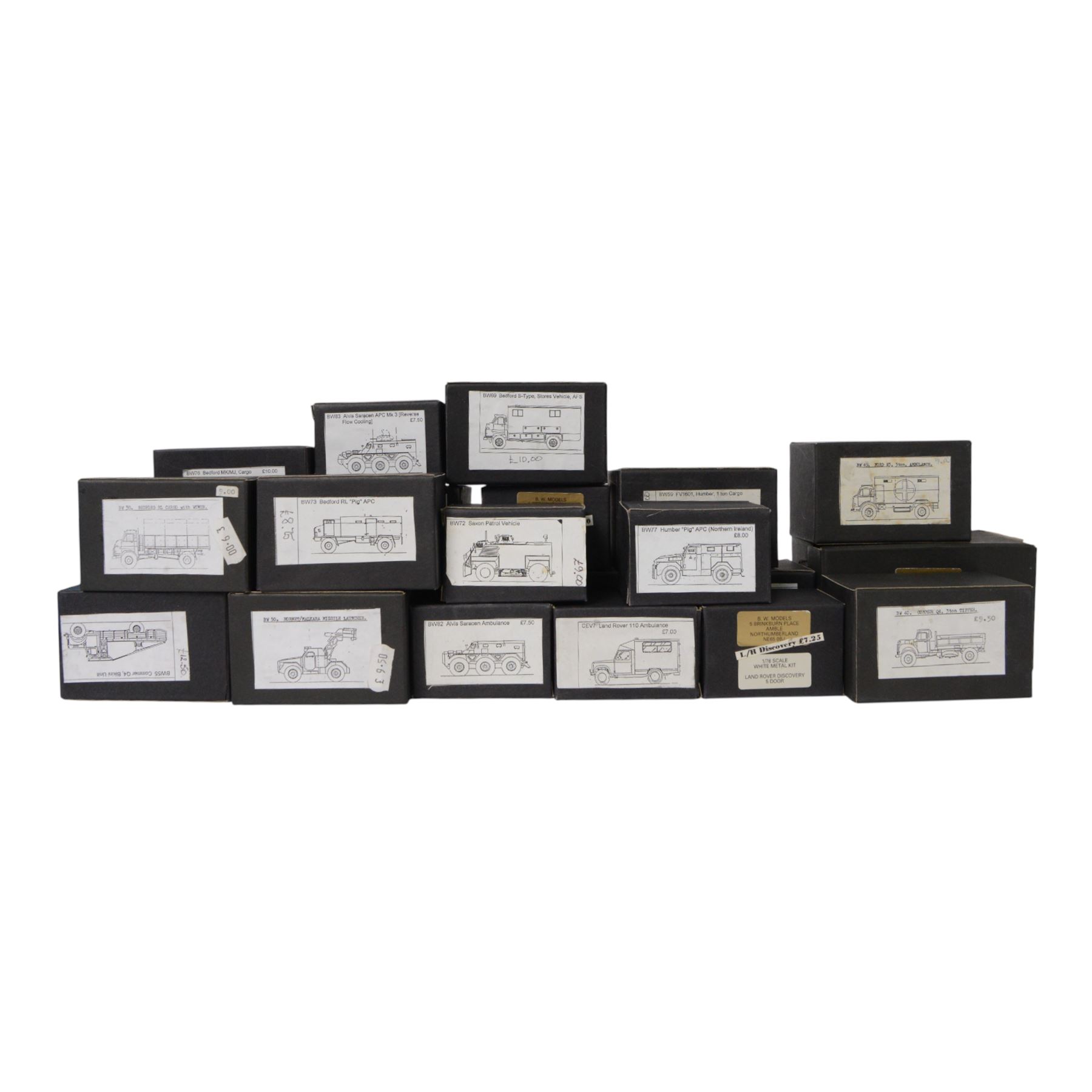 Twenty-two BW Models 1:76 white metal model kits, including BW55 Commer Q4 Bikini Unit, Antar Mk 1B, BW82 Alvis Saracen Ambulance, L/R 110 PC, Bw66 Ford E2 Binned Stores Vehicle, CEV8 Volvo FL6 Dennis Fire Tender and BW80 Scammell 20T all boxed