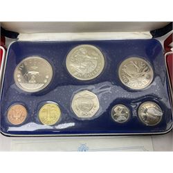 First National Coinage of Barbados 1973 proof eight coin set, from ten dollars to one cent, the ten dollar coin minted in sterling silver, the five dollar coin minted in 800 silver, and a Barbados 1974 proof eight coin set, both minted at The Franklin Mint, cased with certificates; two Republic of Malta decimal proof coin sets, dated 1978 and 1979, the 1979 one pound coin minted in sterling silver, both minted at The Franklin Mint, cased with certificates; Cayman Islands 1973 proof eight coin set, minted at the Royal Canadian Mint, cased; and a Cayman Islands 1979 proof eight coin set, the five dollar to fifty cents coins each minted in sterling silver, minted at the Franklin Mint, cased with certificate (6)