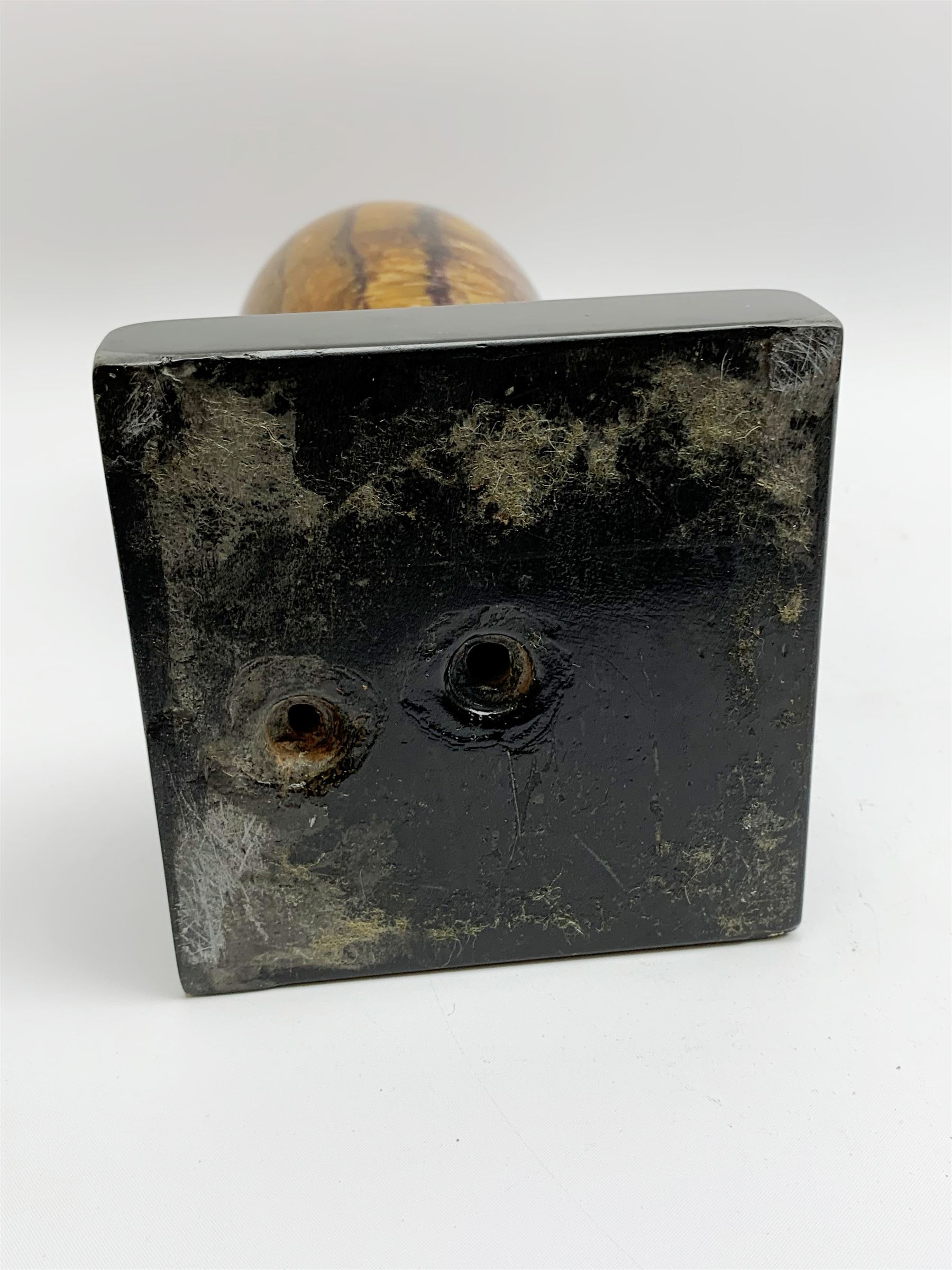 Early 19th century and later Blue John urn, Winnats one vein, of ovoid form with integrated cover and ball finial, upon a spreading circular base, and square stepped black lacquered base, H34.5cm