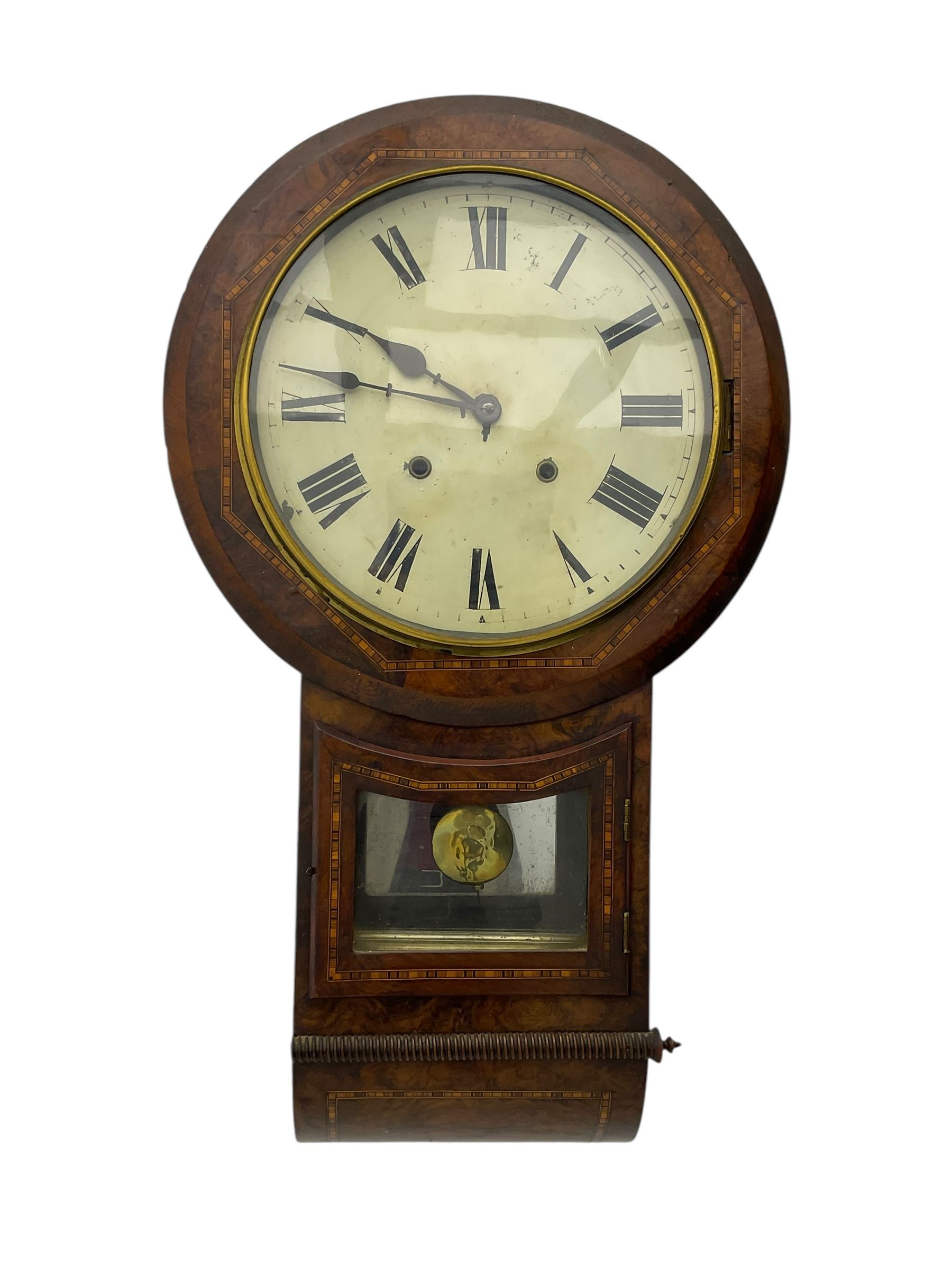 American-19th century 8-day Tunbridgeware ware clock, twin train movement striking the hours on a bell, 12” painted dial with Roman numerals and steel spade hands. With pendulum.