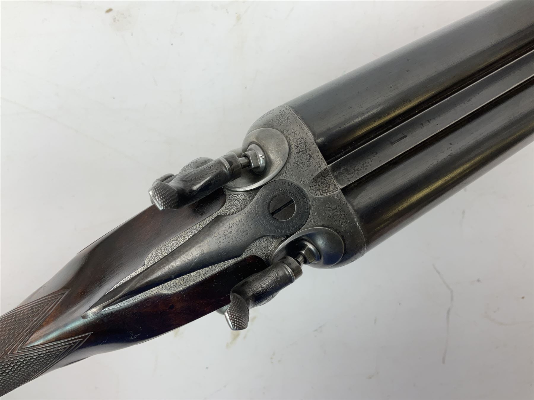 19th century Purdey 12-bore side-by-side double barrel black powder hammer gun, 76cm cylinder bored un-choked barrels with 2.5