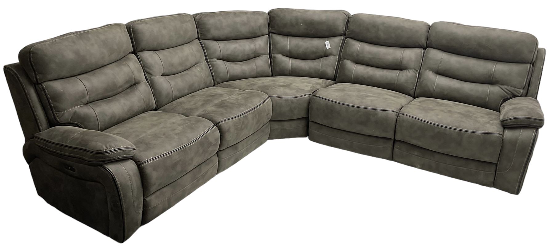 Large contemporary reclining corner sofa, upholstered in gunmetal grey faux suede fabric with black piping