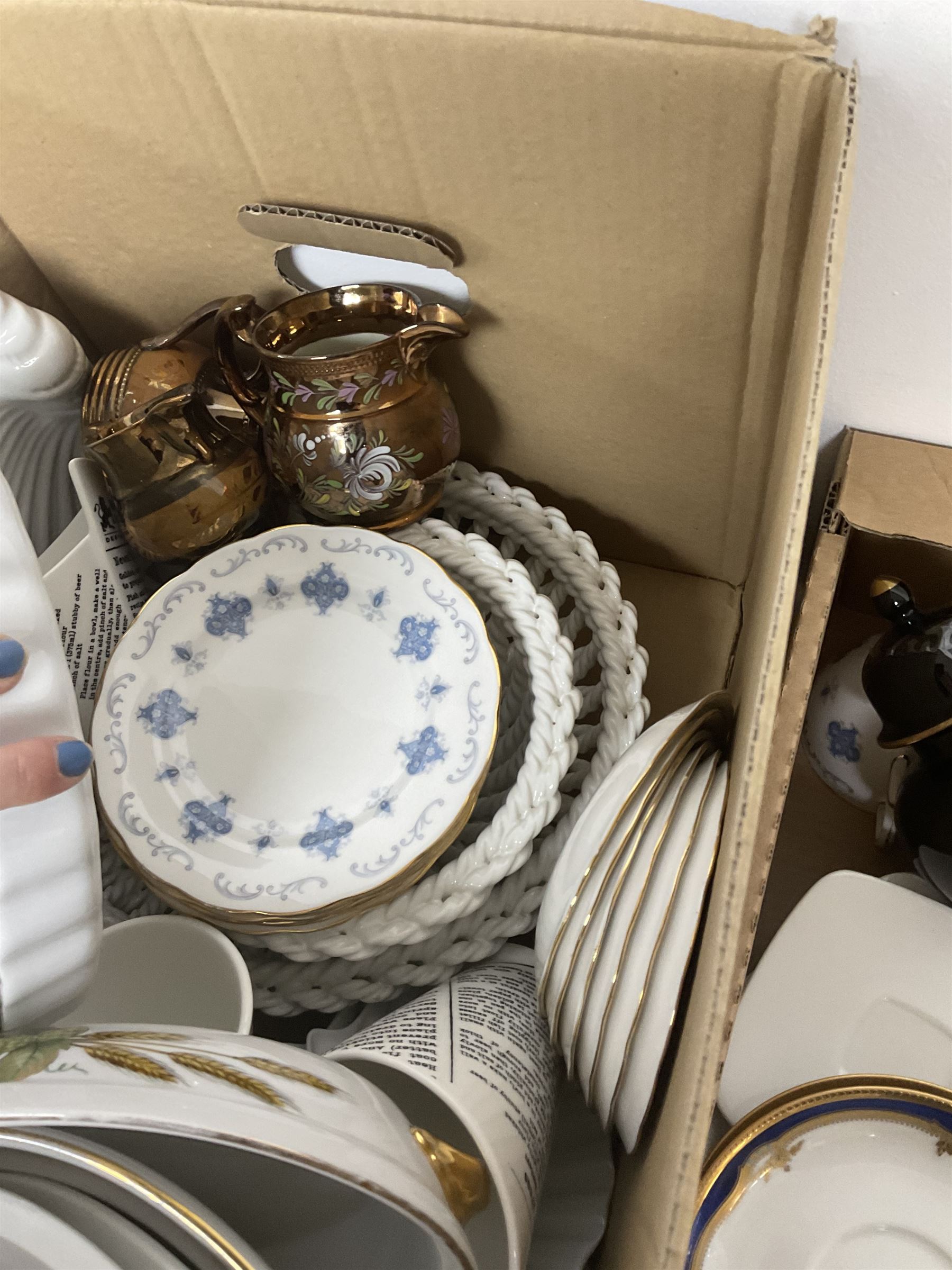 Royal Osborne part tea service comprising six cups, saucers and dessert plates, together with Churchill Alchemy dishes, three copper lustre jugs, Royal Worcester Evesham pattern dinner wares and other ceramics, in two boxes  