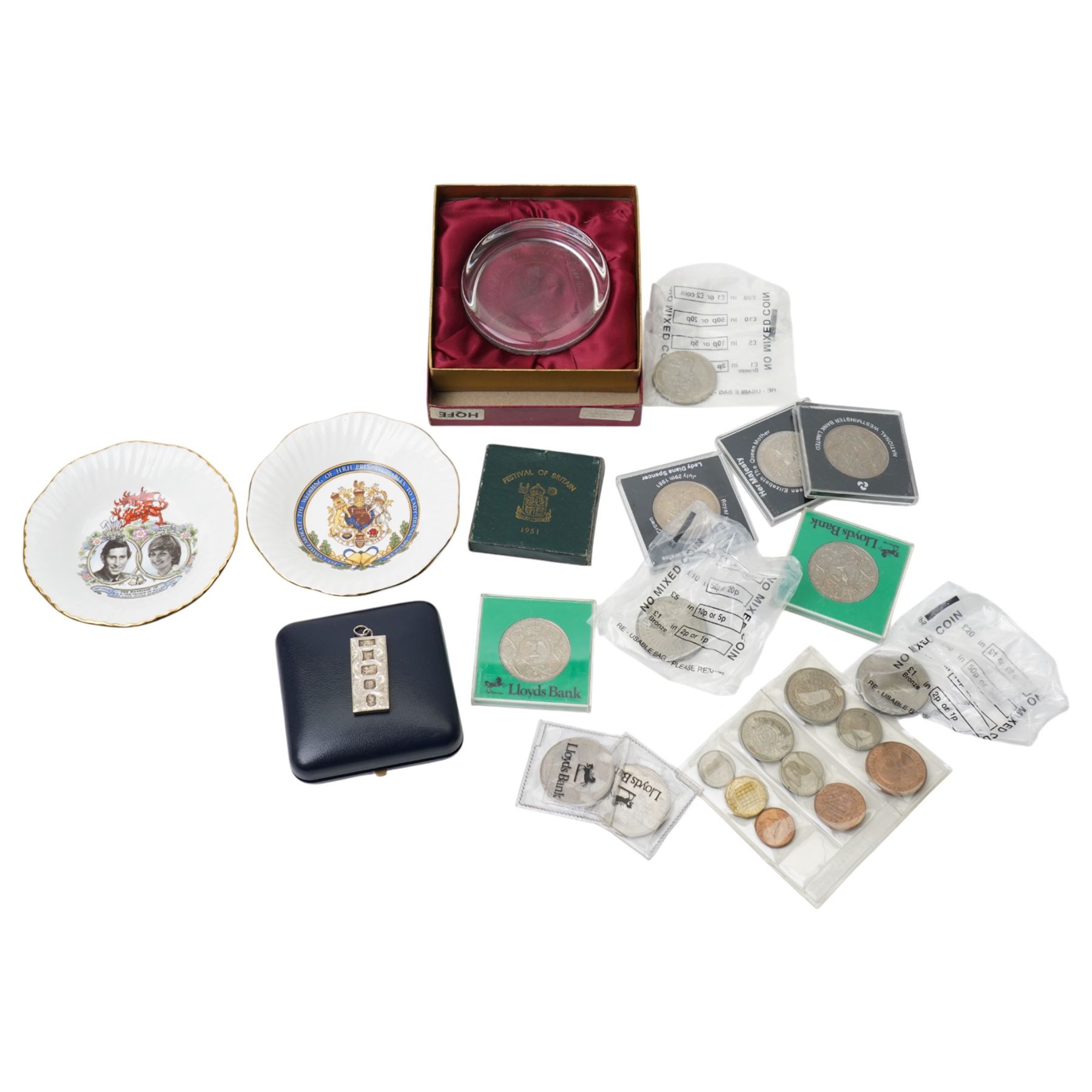Collection of commemorative coins,. silver ingot pendant and chain and £5 coin