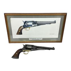 Unmarked Spencer & Rogers type Remington style .44 cal. six-shot percussion revolver, 20cm octagonal barrel with loading lever under, brass trigger guard and two-piece wooden grip L37cm overall; together with a framed watercolour by Alan J. Gray dated 2009 entitled 'The Remington .44 Calibre 1861 Navy Revolver'  19 x 42cm (2)