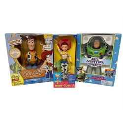 Thinking Toy Woody's Roundup pull string Woody doll, with original box and accessories together with Think Way Disney Toy Story Buzz Lightyear Ultimate Talking Action Figure in box and Jessie doll in box