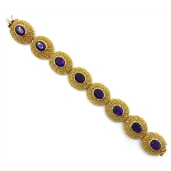  18ct gold bracelet, each basket weave link set with a facetted amethyst, hallmarked in original Camichaels Hull box  