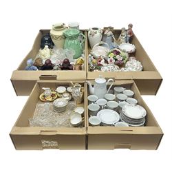 Bavaria gilt coffee service, Royal Doulton figure Home Again, Coalport figure Royal Invitation, Swarovski Crystal paperweight and mice, cut glass dressing table set and a collection of other ceramics, glassware and collectables, in three boxes 