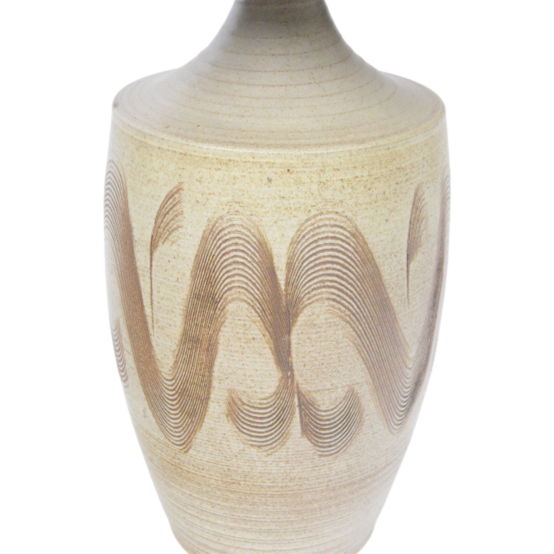David White pottery lamp, of baluster form with elongated neck, with a brown spiral pattern on a cream ground, without shade H52cm