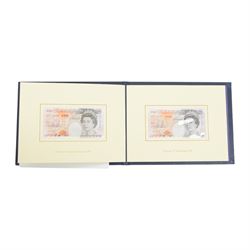 Seven Bank of England limited edition presentation pack pairs of banknotes, all with matching serial number 999966, comprising Gill five pound series D and E prefixes SE90 and A01, Kentfield five pound series E prefixes W18 and AA01, Kentfield ten pound series D and E prefixes KR30 and A01, Kentfield ten pound series E prefixes X40 and DD01, Gill twenty pound series D and E prefixes 20X and A01, Kentfield series E prefixes W35 and X01, and Kentfield series D and E prefixes E30 and A01, housed in leatherette binders manufactured by the Bank of England, 