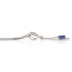 18ct white gold oval sapphire and diamond kite shaped pendant, on 9ct white gold adjustable chain necklace, both hallmarked