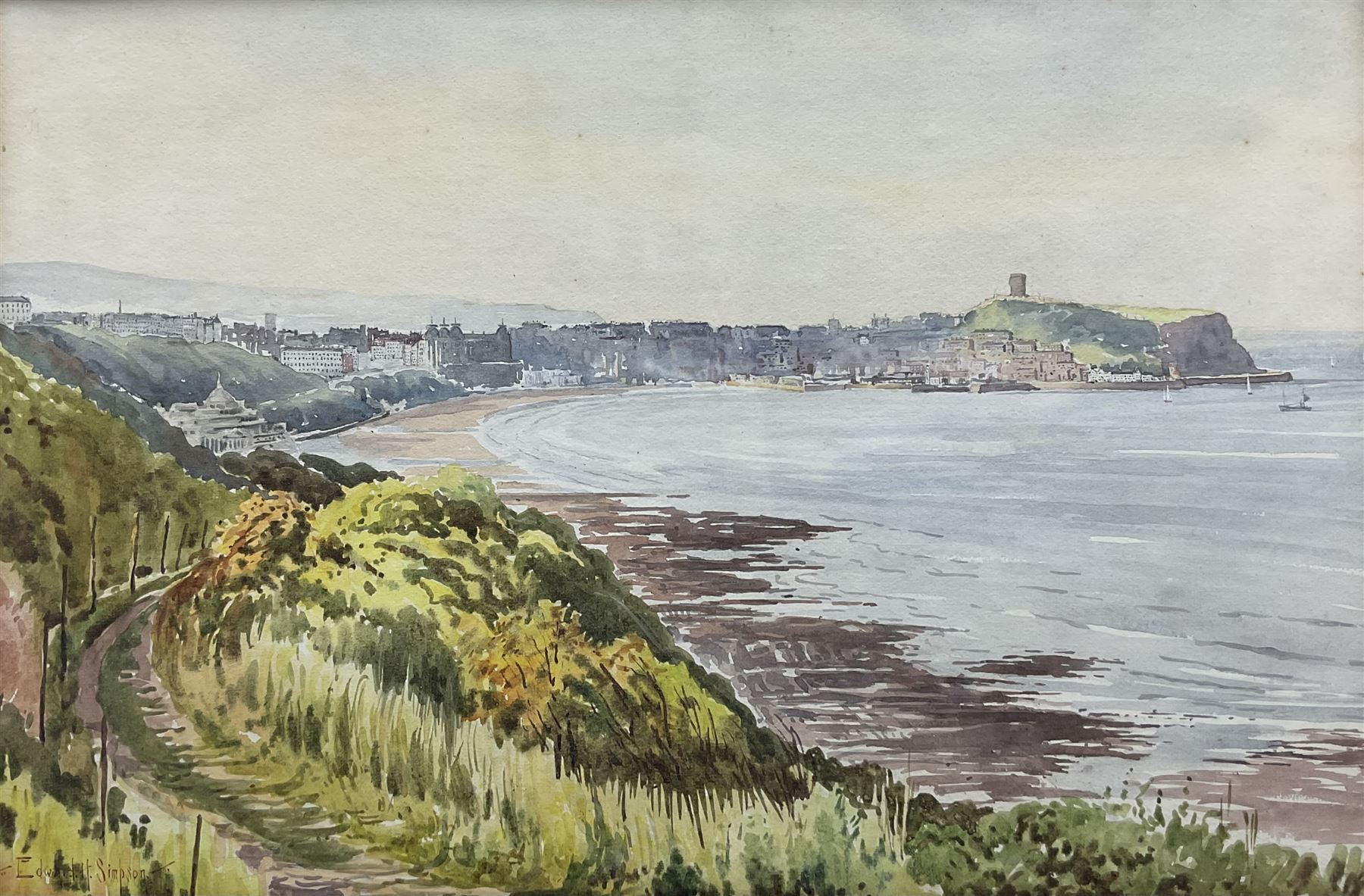 Edward H Simpson (British 1901-1989): 'Scarborough South Bay from Cliff Tops', watercolour signed, titled on label verso 35cm x 53cm;Tom S Hoy (British 20th century): Deck Chairs by the Ocean Room, Scarborough Spa, oil on board signed 30cm x 45cm; T Crawford (20th century): Steam and Sail Vessels, oil on board signed 40cm x 50cm (3)