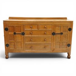 Mouseman - adzed oak dresser, rectangular top with galleried back, fitted with six drawers...