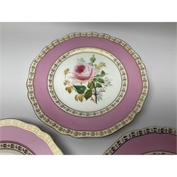 Victorian Copeland, Botanical dessert service, decorated with floral sprigs to the centre with a pink and gilt border, comprising five comports and seven plates, largest comport H20cm, plate D22cm