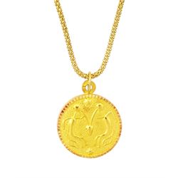 21ct gold Taurus pendant, stamped 875, on 18ct gold popcorn link chain necklace, stamped 750