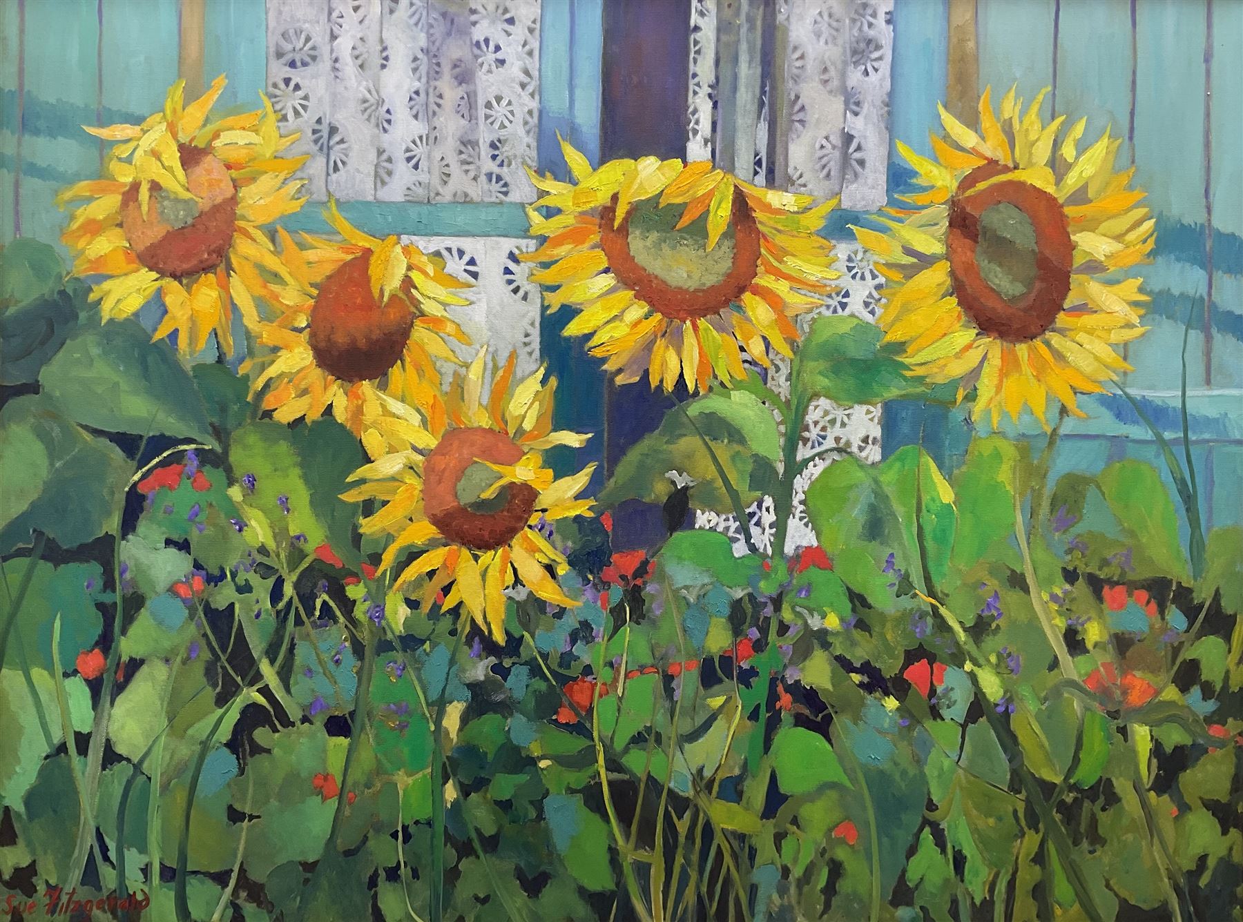 Sue Fitzgerald (British Contemporary): Sunflowers, oil on canvas signed 75cm x 100cm 
Provenance: private collection, purchased Walker Galleries, Harrogate, label verso