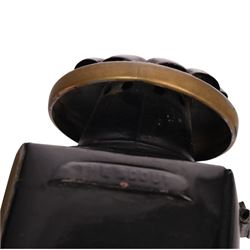Pair of brass and toleware carriage lamps, the traditional chimney over a rectangular form body with bevelled glass, reflective panels, and rear circular red reverse light, H43cm