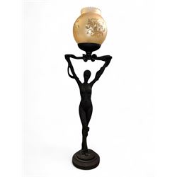 Art Deco style figural table lamp, with matched glass shade, without shade H52cm