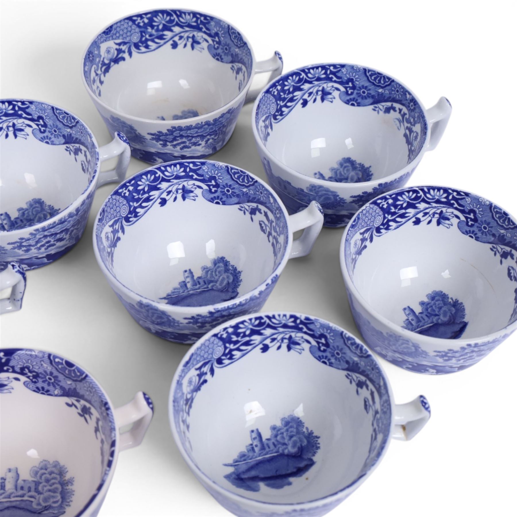 Spode Italian pattern tea and coffer service for eight place settings, comprising teapot, coffee pot, milk jug, cream jug, open sucrier, sandwich plate, cake plate, cake stand, side plates, teacups and saucers, coffee cans and saucers