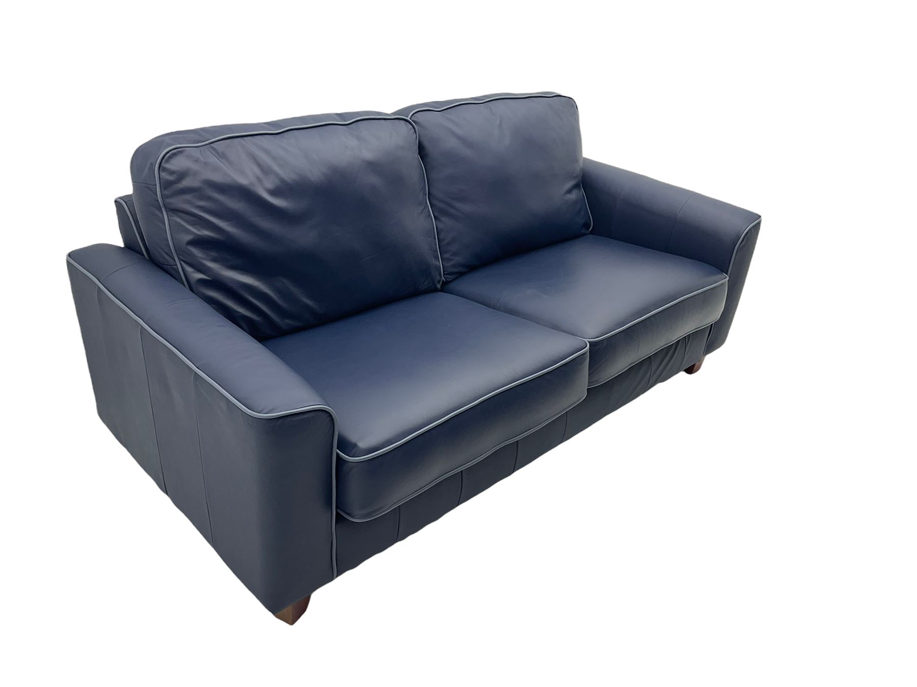 Pair of two seat sofas upholstered in soft blue leather The